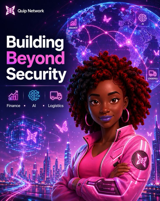 The image features a woman with curly hair wearing a pink jacket, standing against a backdrop of a city skyline at night. The text "Building Beyond Security" is written above her head, and there are several other elements related to security and technology throughout the image. The focus on this broader vision of building infrastructure beyond just protecting systems from future threats highlights the importance of considering various aspects of security in today's interconnected world.