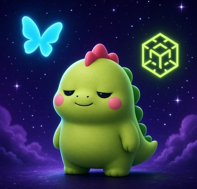 A 3D-rendered cute green dinosaur-like character with a red crest and pink cheeks, standing against a starry purple night sky background, with a glowing blue butterfly and a green geometric logo on either side.