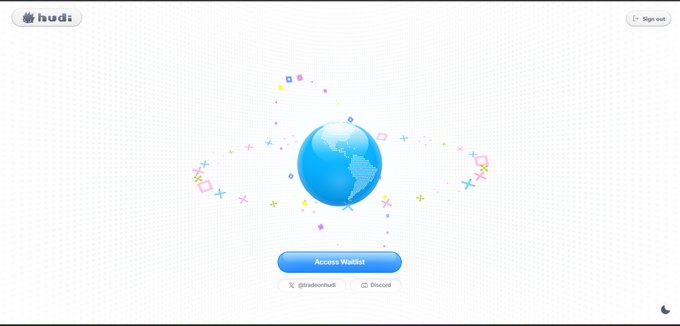 A hudi web login screen features a blue globe illustration surrounded by colorful symbols, with an 'Access Wallet' button, a 'Sign out' option, and links for '@hudinoxhudi' on X and Discord.