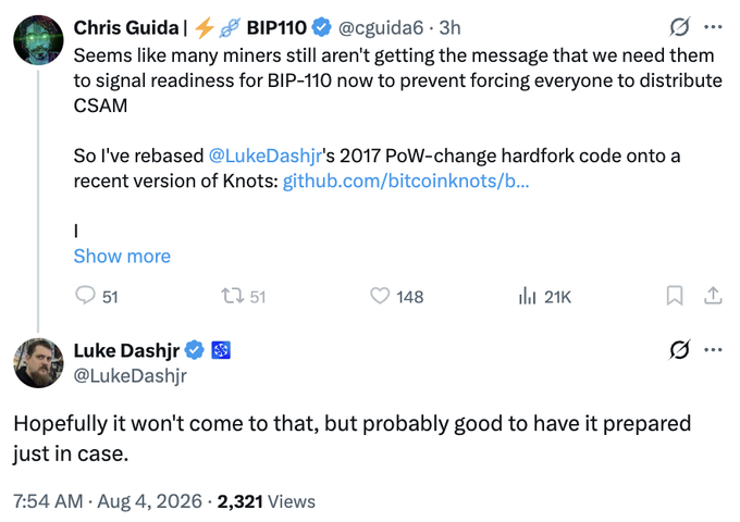 A Twitter exchange between Chris Guida (@cguida6) and Luke Dashjr (@LukeDashjr) discussing BIP-110 and a rebased PoW-change hardfork code on Bitcoin Knots, referencing CSAM concerns.