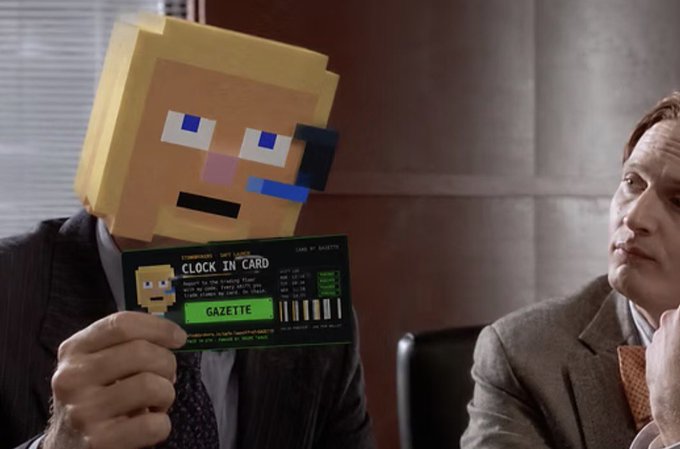 A Minecraft-style character wearing a suit holds a 'CLOCK IN CARD' from 'GAZETTE', while a man in a suit looks on skeptically.