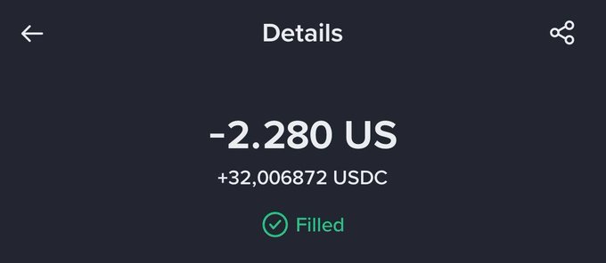 A dark mobile app screen showing transaction details: a withdrawal of -2.280 US, a deposit of +32.006872 USDC, and a green 'Filled' status with a checkmark.