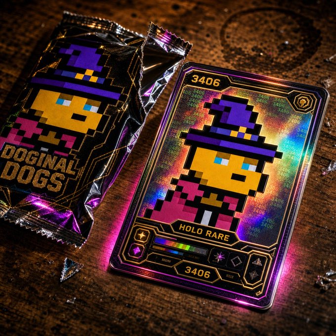 A holographic trading card labeled '3406' and 'HOLO RARE' featuring a pixel-art dog in a purple wizard hat, displayed next to its packaging labeled 'DOGINAL DOGS'.