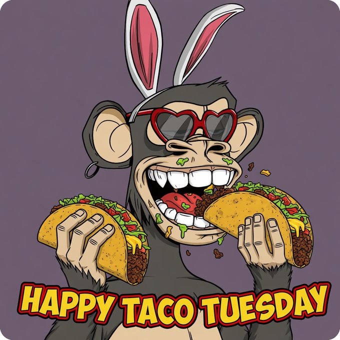 A cartoon illustration of a monkey wearing bunny ears and heart-shaped sunglasses eagerly biting into two tacos, with the text "HAPPY TACO TUESDAY" displayed prominently at the bottom.