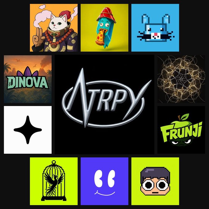 A collage featuring the "VRPY" logo in the center, surrounded by various NFT project artworks including a samurai cat ("GoOse"), a pizza-wearing figure, pixel art, "DINOVA," "FRUNJI," a birdcage, and other characters. The image accompanies a post listing NFT mint schedules for projects like GoOse, RMB, and KittiHood on August 20.