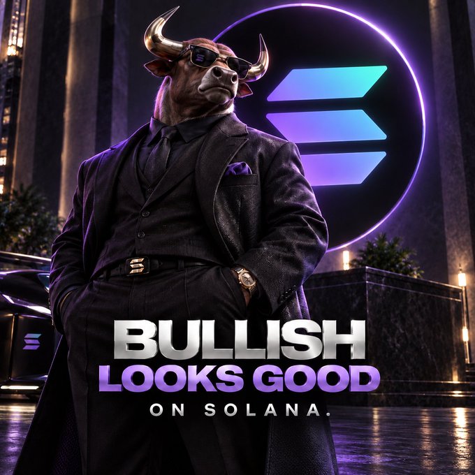An anthropomorphic bull in a black suit and sunglasses standing in front of a glowing purple Solana logo, with the text 'BULLISH LOOKS GOOD ON SOLANA.'