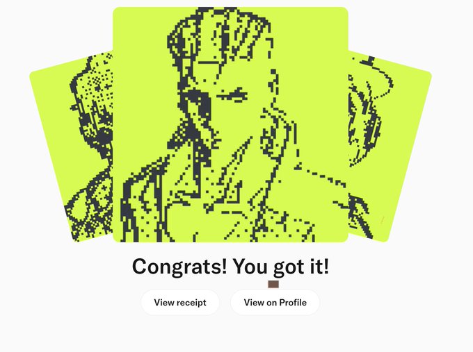 A pixel-art style image on a green-yellow background showing a person's face, with text reading "Congrats! You got it!" and buttons labeled "View receipt" and "View on Profile."