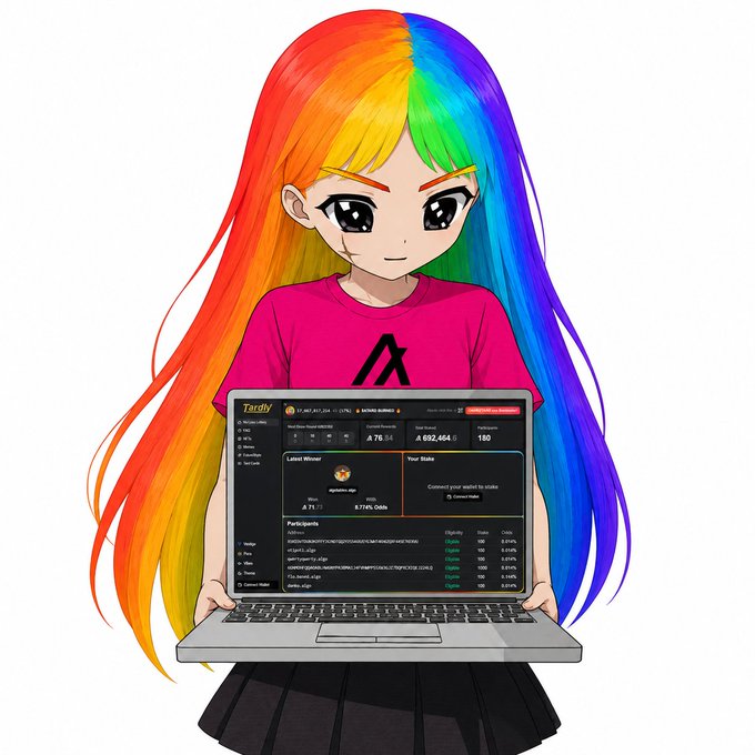 An anime-style girl with long rainbow hair and a pink shirt holds open a laptop displaying the Twitch viewer leaderboard "Taddi" with 76 followers, ranking #71, 692,464 views, and 180 average viewers.