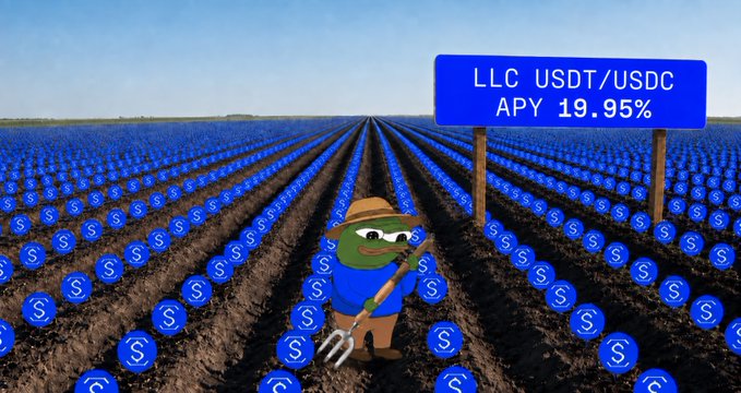A Pepe the Frog farmer character with a pitchfork stands in a field of blue circles with dollar signs, next to a sign reading 'LLC USDT/USDC APY 19.95%'.