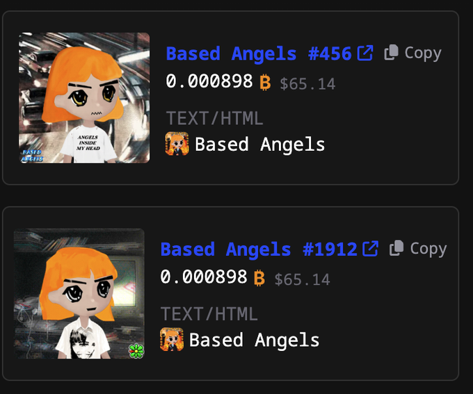 A screenshot displays two "Based Angels" NFT listings (#456 and #1912) on a marketplace, each priced at 0.000898 BTC ($65.14), with the post announcing the purchase of these two digital collectibles.