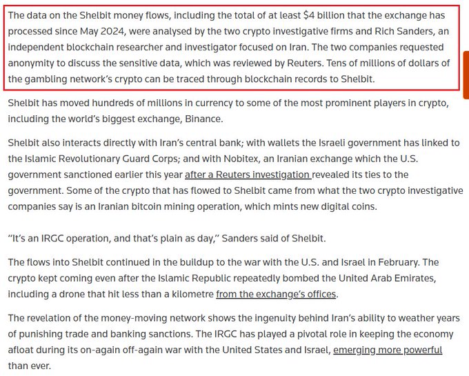 The image shows a highlighted excerpt from a Reuters article detailing that crypto investigative firms and blockchain researcher Rich Sanders analyzed data revealing Dubai-based exchange Shelbit processed at least $4 billion since May 2024, with funds traceable through blockchain records to connections with Iran's central bank, the IRGC, and sanctioned exchange Nobitex. This directly supports the accompanying post's claim about Shelbit's $4 billion in transactions through an Iran-linked network.