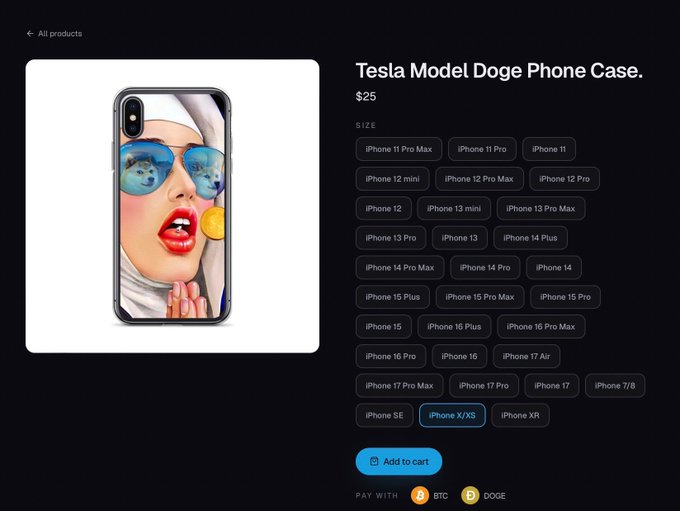 An online store product page for a 'Tesla Model Doge Phone Case' priced at $25, with various iPhone size options including the selected 'iPhone X/XS' and 'Add to cart' button.