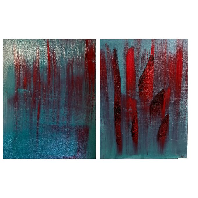 The image features two paintings side by side, both with red lines running through them. The first painting has a blue background, while the second one has a green background. Both paintings are square-shaped and have a rough texture that adds depth to their appearance. The art style of these paintings is abstract expressionism, characterized by bold brushstrokes and vibrant colors.