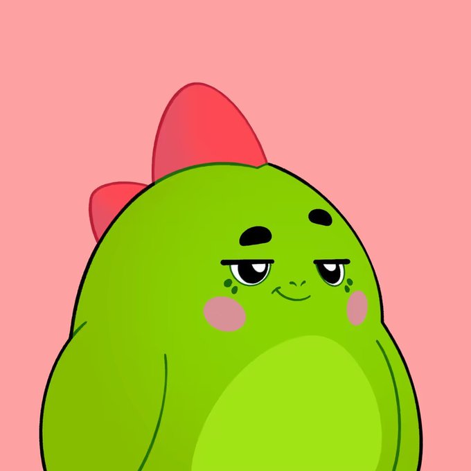 A cute cartoon green blob character with a red bow on its head, displaying a smug expression with rosy cheeks against a pink background.