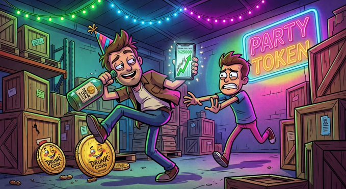 Two characters in a warehouse party scene: one hyped and drunk holding a phone showing $250,000 with a green chart, standing on "DRUNK COIN" tokens, while another runs toward the neon "PARTY TOKEN" sign. The illustration captures the post's contrast between the early buyer celebrating gains and the latecomer chasing the pump.