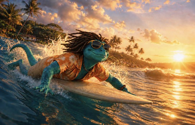 A surreal AI-generated image of a blue-skinned character with dreadlocks and sunglasses, wearing an orange Hawaiian shirt, surfing on a wave during a tropical sunset with palm trees in the background.