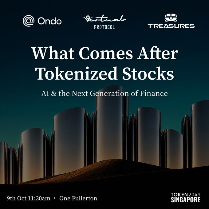 A promotional graphic for an invite-only lunch event titled "What Comes After Tokenized Stocks: AI & the Next Generation of Finance," hosted by Ondo, Virtuals Protocol, and Treasures on October 9th at 11:30 AM at One Fullerton during Token2049 Singapore, featuring a dark cityscape skyline backdrop.