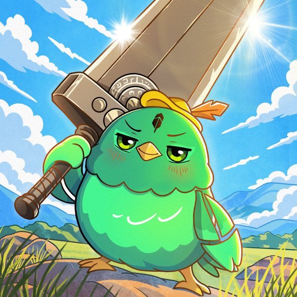 An anime illustration of a determined-looking green chick wielding an enormous broadsword against a bright, sunny sky backdrop.
