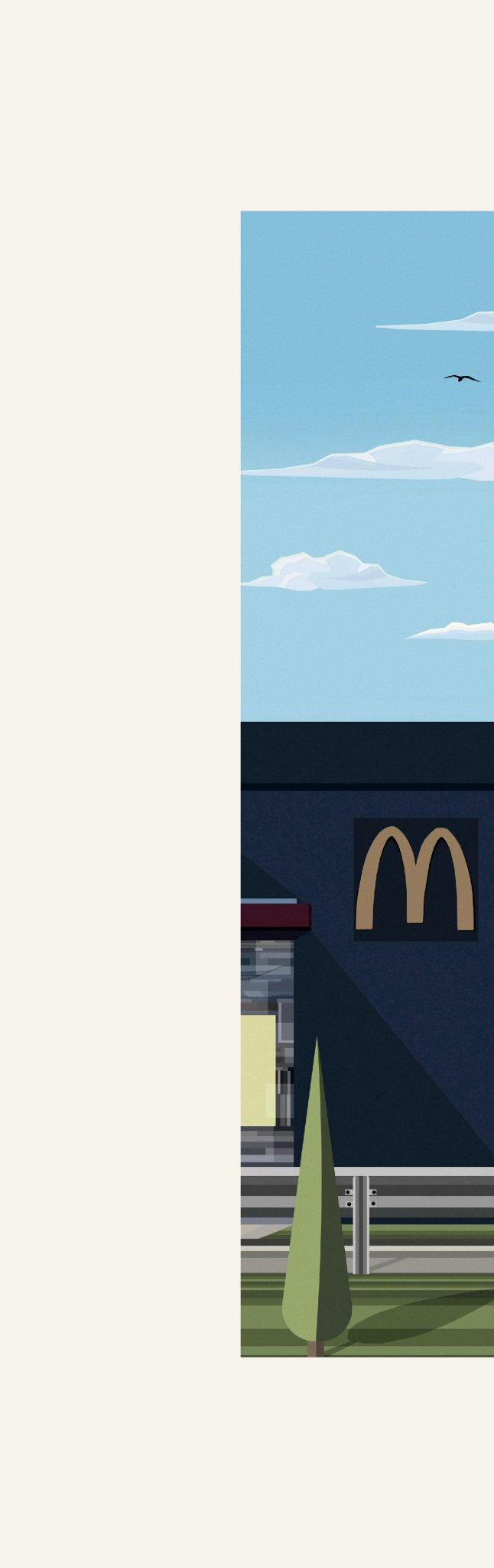 A minimalist vector illustration showing a McDonald's logo on a dark building against a blue sky with clouds and a flying bird.