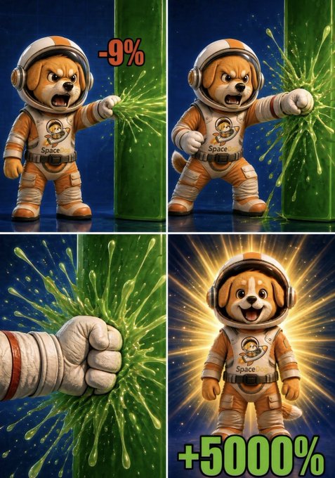 A four-panel image showing a cartoon dog astronaut punching a green tube; the sequence progresses from -9% loss to +5000% gain, with green liquid splashing dramatically.