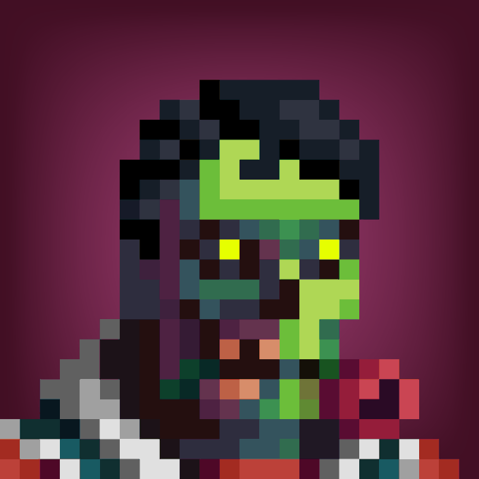 A pixelated digital portrait of a green-skinned figure with dark hair and yellow eyes set against a purple background.
