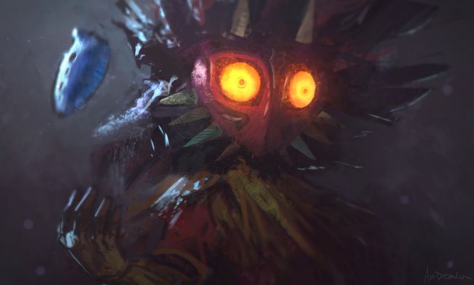 Dark fantasy digital art of a menacing red creature with glowing orange-yellow eyes and spiky features in a dark environment.