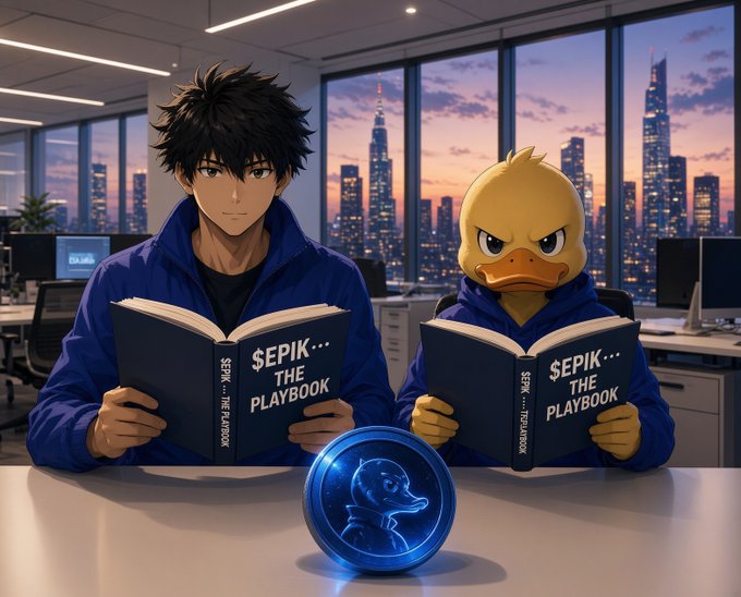 A young man in a blue hoodie and an anthropomorphic yellow duck, both wearing matching blue hoodies, sit side by side in a modern office reading books titled "$EPIK… THE PLAYBOOK," with a glowing blue digital coin featuring a duck emblem displayed on the desk between them. The image visually reinforces the post's message about strategically positioning for the $EPIK airdrop and ecosystem rewards, mirroring the "playbook" theme referenced in both the books and the caption about staking and unlocking NFT access via Pantheon Vaults.