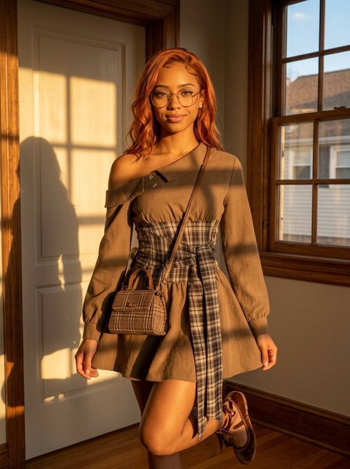 A stylish young woman with copper-red hair and round glasses poses in a sunlit doorway, wearing an off-the-shoulder tan dress with a plaid corset and matching crossbody bag, bathed in warm golden-hour light.

The caption pairs with "gm chat, happy Thursday" by radiating that same upbeat, cheerful morning energy—golden sunshine, a confident pose, and a welcoming smile setting a positive tone for the day.