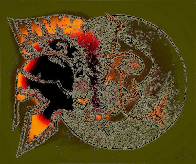 An abstract mixed-media artwork combines dense etched linework, orange and red textures, and a large black shape against an olive-green background.