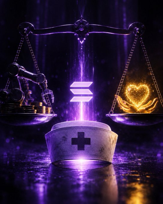 Digital artwork featuring a nurse's cap with a glowing Solana (SOL) logo rising between scales of justice, with a robotic arm on one side and hands holding a glowing golden heart on the other, in a dark purple setting.