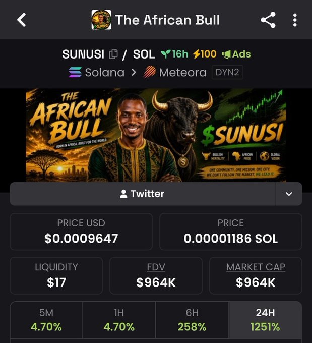 A cryptocurrency page for 'The African Bull' showing the SUNUSI/SOL token pair with a price of $0.0009647 and 24H change of 1251%.