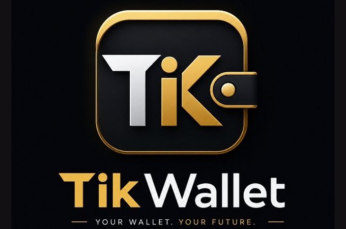 The image displays a sleek black and gold logo for "TikWallet" featuring a stylized wallet icon with the letters "TiK" prominently displayed inside it. Below the icon, the tagline reads "YOUR WALLET. YOUR FUTURE." in white text, visually reinforcing the branding for the TikCoin ecosystem's wallet product mentioned in the post.