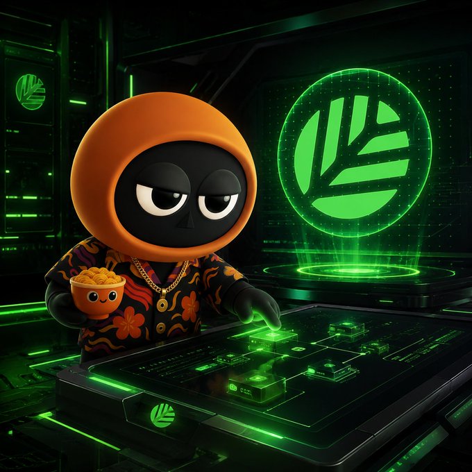 The image features a cartoon character wearing an orange hoodie, holding a bowl of food, and standing next to a computer screen with a green logo. The character appears to be engaged in some sort of activity or game related to Web3 technology.