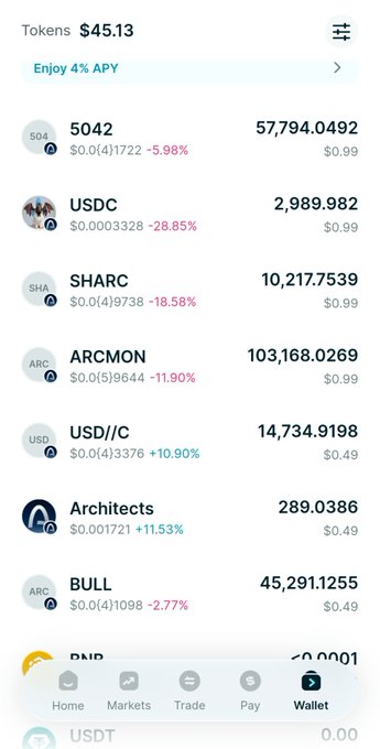 A cryptocurrency wallet app screen showing a token balance of $45.13 with 4% APY, listing tokens including SO42, USDC, SHARC, ARCMON, USD//C, Architects, and BULL with their respective balances and percentage changes.