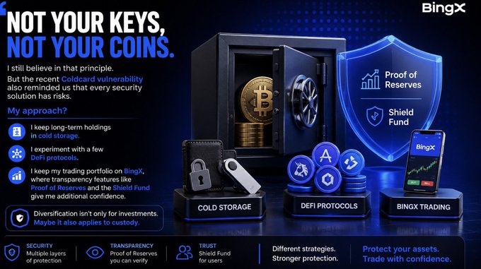 A promotional advertisement for BingX cryptocurrency exchange with the slogan 'NOT YOUR KEYS, NOT YOUR COINS,' highlighting features like Proof of Reserves, Cold Storage, DeFi Protocols, and Shield Fund.