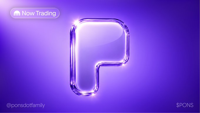A stylized, 3D translucent purple letter "P" is centered on a purple gradient background, with a "Now Trading" tag in the upper left, "@ponsdotfamily" in the bottom left, and "$PONS" in the bottom right.