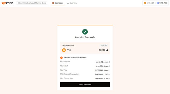 A Zest Protocol dashboard confirms a successful Bitcoin Collateral Vault activation with a 0.0004 BTC (~S34.25) deposit, showing vault details including address (bc1q5ck5...lem), vault ID, and transaction hash (1ea7ee05...1263), illustrating the post's first-hand experience of natively using BTC in DeFi rather than relying on wrapped tokens.