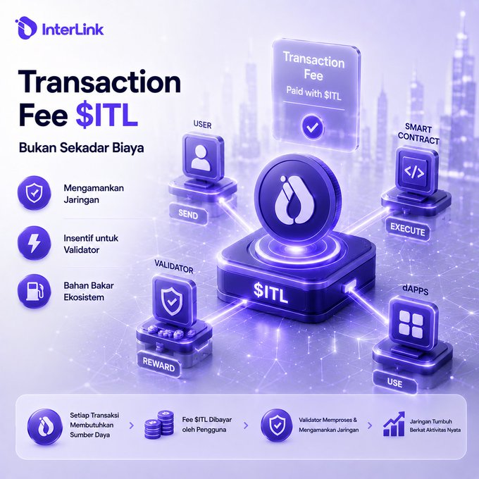 An InterLink infographic titled 'Transaction Fee $ITL: Bukan Sekadar Biaya' illustrating how the ITL token is used across users, validators, smart contracts, and dApps.