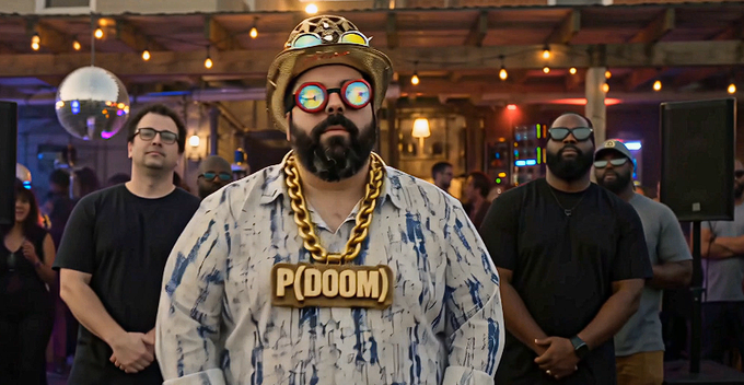 A bearded man wearing a straw hat, colorful glasses, a large gold chain, and a shirt stands at a party, sporting a large pendant labeled "P(DOOM)".