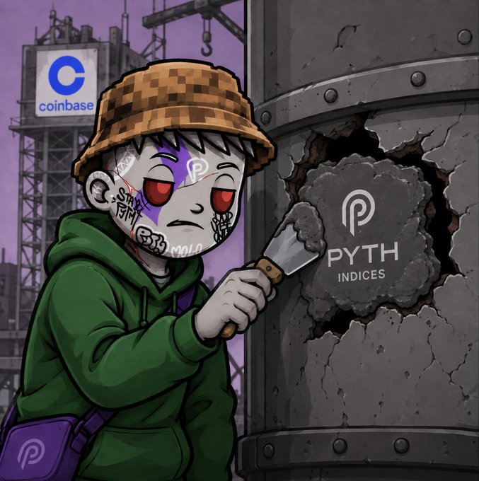 The image features a cartoon boy wearing a hat, holding a paintbrush over a wall that has "Pyth Network never stops building! Markets Don'T Close Anymore. 24/7 US equities 24/7 Oil 24/7 Metals 24/7 FX 24/7 Thematic baskets Only possible with Pyth Indices!" written on it. This text is related to the post, which seems to be promoting a cryptocurrency called "Pyth Network".
