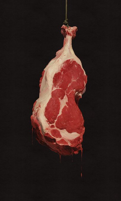 A hyperrealistic painting of a raw, marbled cut of meat suspended by a cord, with blood dripping down against a dark background, evoking the visceral "meat" theme of Verse Work's "Naive's" NFT mint.