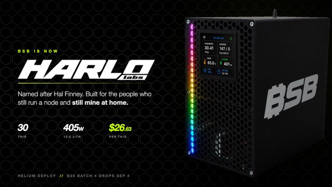 An advertisement for "BSB HARLO labs" helium mining device, displaying specs of 30 TH/s, 405W power, and $26.63 per TH/s, with colorful RGB lighting.