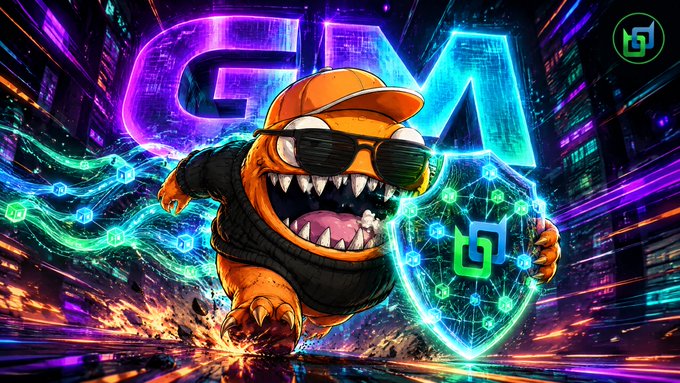 A vibrant, neon-colored digital illustration featuring an orange monster character wearing sunglasses and a cap, holding a shield with a green logo, set against a cyberpunk cityscape with 'GA' text in the background.