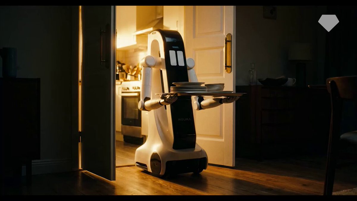 The image shows a robot named Tether walking inside a kitchen with a tray in its hands that has plates on top of it. The scene is set in front of an open door, with a dining table nearby. A TV is mounted above the table. In another part of the image, there are some bottles and chairs visible. Below this image, there's a post that talks about a funding round for NEURA Robotics and how robotics is moving into true autonomy as payment and computing systems evolve.