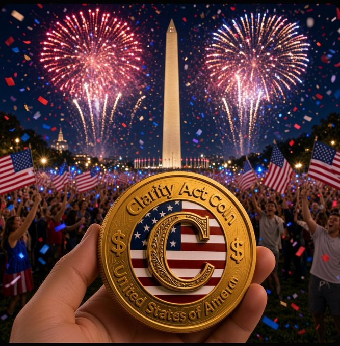 A hand holds a gold 'Clarity Act Coin' with 'United States of America' inscribed on it, set against a backdrop of the Washington Monument, fireworks, American flags, and a crowd during a patriotic celebration.