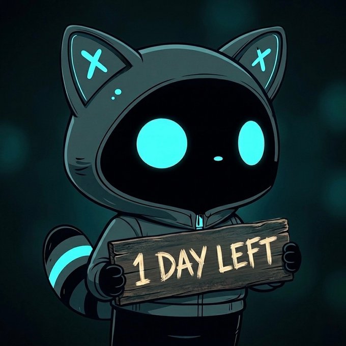 The image features a cartoon cat wearing a hoodie with blue eyes and holding a wooden sign that says "1 day left". The background of the image is dark, which contrasts with the bright colors of the cat's hoodie and the wooden sign. The text on the sign reads "Tick tock, degens. Season 14 wraps in 24 hours. Burn the junk. Reclaim the SOL. Join the draw." This message seems to be related to a countdown or an event that is about to take place soon.