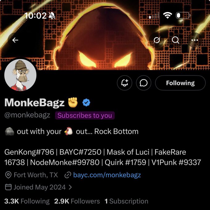 The image shows a Twitter/X profile for "MonkeBagz" (@monkebagz), a verified user based in Fort Worth, TX, who has subscribed to the poster, as indicated by the purple "Subscribes to you" badge. The profile features a hooded Bored Ape-style header, NFT collections like BAYC#7250 and NodeMonke#99780, and 2.9K followers, corresponding to the post celebrating their first BAYC subscriber.