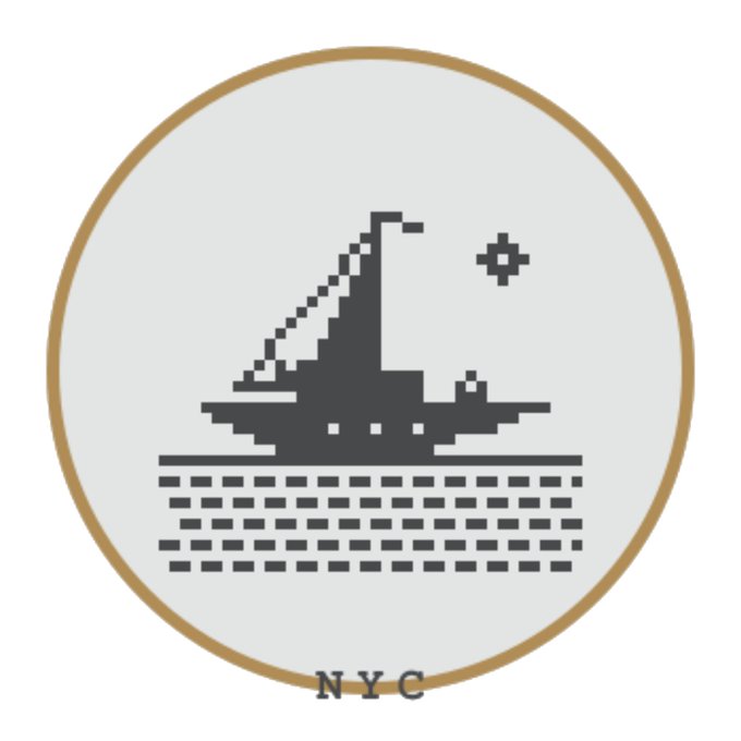 A minimalist pixel-art style logo in a tan circular border depicting a sailboat on water with a star, labeled "NYC" below.
