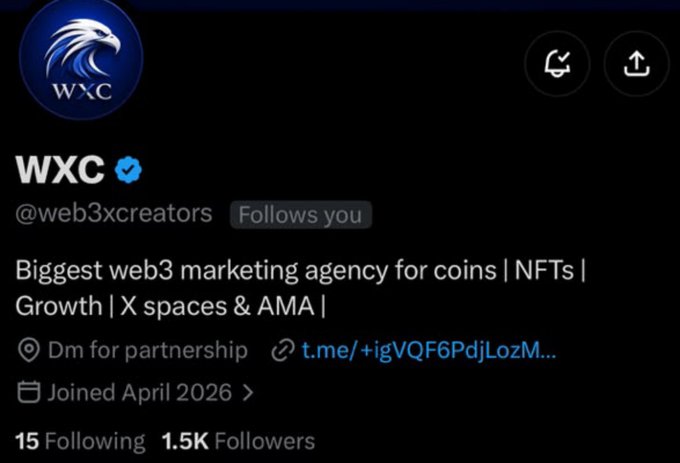 A X (Twitter) profile for WXC (@web3xcreators), a verified web3 marketing agency with 1.5K followers, described as 'Biggest web3 marketing agency for coins | NFTs | Growth | X spaces & AMA'.