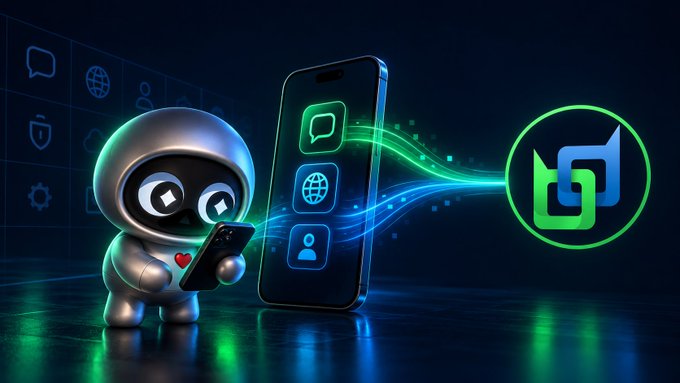 A 3D-rendered robot mascot holding a smartphone beside a glowing green and blue digital network graphic.